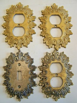 4 Vintage Thick Metal Ornate Oval Plate Outlet Cover Light Switch Plates Gold