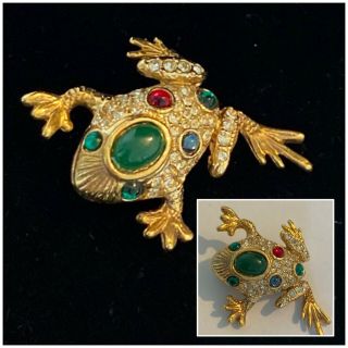 Vintage Costume Jewellery Gold Tone Rhinestone & Green Cabochon Frog Brooch Pin
