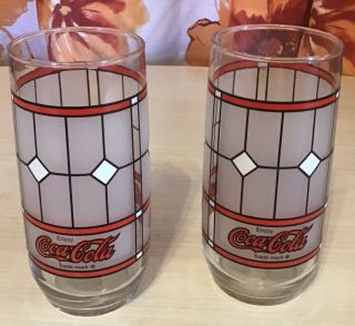 2 Coca Cola Drinking Glasses Vintage Tiffany Style Coke Frosted Yb8