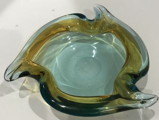 Vintage Mcm Italy Art Glass Bowl Ash Tray Teal Amber Aqua Swirl Murano Seguso