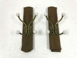 Vintage Wood Brass Wall Hook Hanger Pair Coat Tie Rack Wooden Hanging Porcelain