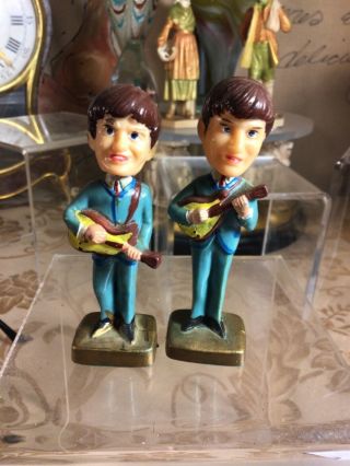 Vintage Beatles Cake Toppers John & George Nodders Bobble Heads Figures 4” 1960s