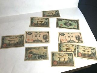 Ten Vintage Japanese Assorted Bank Notes