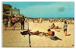 Ocean City,  Md 60s Beach Boardwalk Sunbathing Guitar Surfing Cutoffs Postcard