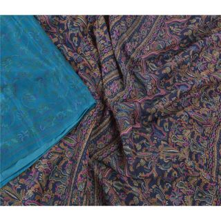 Sanskriti Vintage Blue Sarees Pure Silk Printed Sari Decor Floral Craft Fabric