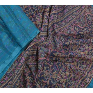 Sanskriti Vintage Blue Sarees Pure Silk Printed Sari Decor Floral Craft Fabric 2