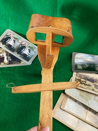 Antique Wood Stereoscope Viewer With 8 Slide Cards Dates from 1880 ' s to 1909 2