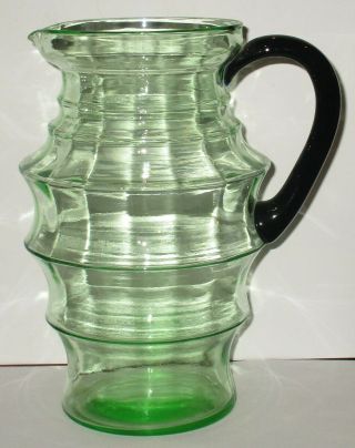 Antique 1920 Art Deco Green Vaseline Glass Pitcher Black Handle Weston Louie