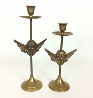 Antiqued Solid Brass Angel Cherub Candle Taper Holders Vtg Patina Holiday