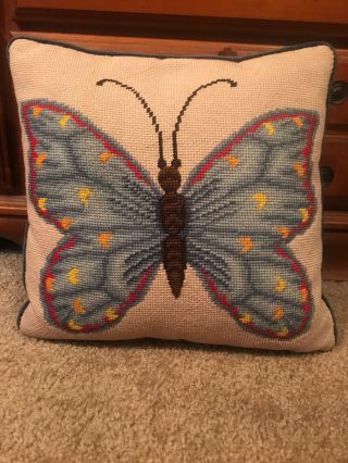 Vintage Butterfly Moth Insect Needlepoint Stitched Blue Velvet Pillow 14” X 14”
