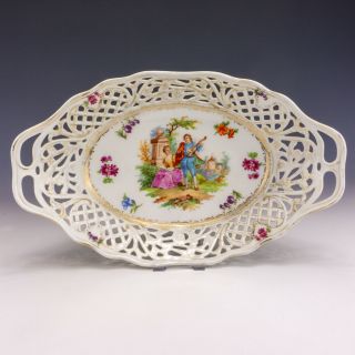 Vintage Dresden Porcelain - Courting Couple Bowl - With Gilded Pierced Borders