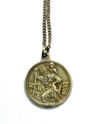 Vintage Gilt Metal Double Sided St.  Christopher Pendant Necklace 16”