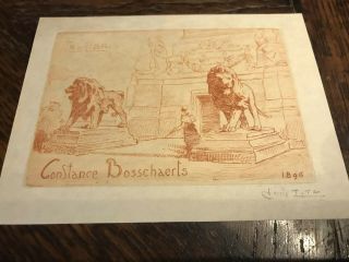 Antique 1898 Belgium Artist Louis Titz Ex Libris Etching Engrav Bookplate Lions