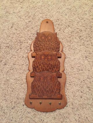 Vintage Wood Owl Carved Mail Organizer Key Hooks Large