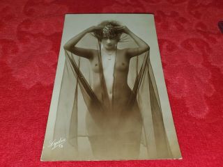 Antique Flapper Girl Postcard Circa 1910 Rppc Of 13 Lydia Nude Seethru Netting