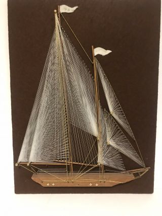 Vintage String Art Ship Sail Boat Picture 16” X 12”