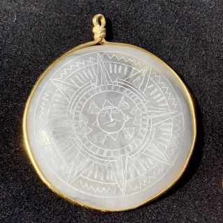 Vintage Mayan Sun Calendar Etched Onyx Pendant Gold Wire Hecho En Mexico