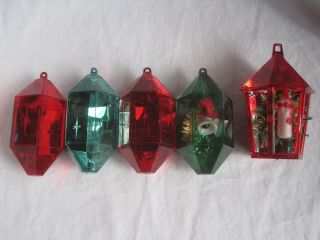 Vtg 5 Jewelbrite Plastic Hexagon Lantern Christmas Ornaments - Bell Mercury Bead