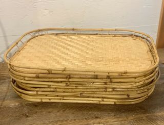 Set Of 7 Vintage Bamboo Woven Rattan Wicker Tiki Bar Serving Trays 19 X 13