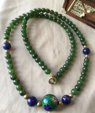 Vtg Chinese Export Spinach Green Jade Carved Bead Cloisonné 26” Long Necklace