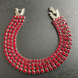 Vintage Multi Row Ruby Red Crystal Rhinestone Silver Tone Bracelet 160