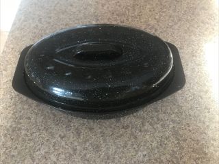 Vintage Black Speckled Enamel Ware Roaster Roasting Pan W/ Lid 13 " X 8 " X3 " Granite
