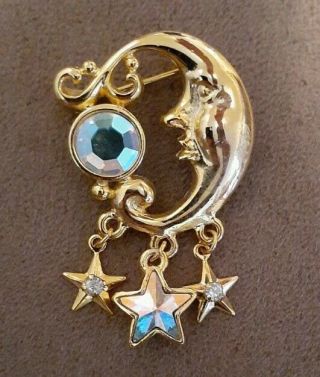 Rare 1998 Vintage Kirks Folly Rhinestones Aurora Borealis Stars Moon Pin Brooch