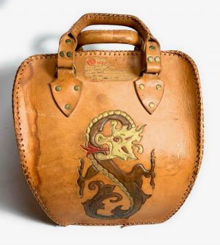Vintage Hand Tooled Leather Bowling Ball Bag W/dragon Carving Initials Jr