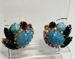 Vtg Juliana Schreiner Turquoise,  Siam Red Ab Ruby,  Black Rhinestone Earrings