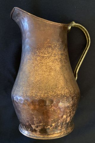 Antique Hand Forged Hammered Copper Pitcher With Brass Handle 8 " Tall