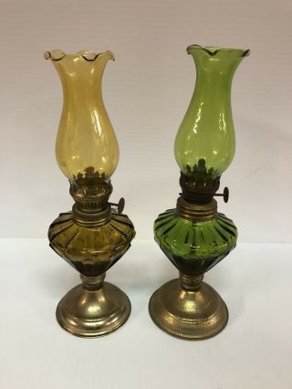 Cute Vintage Colored Glass Kerosene Oil Lamps 10” Tall