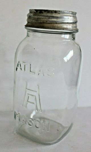 Vtg Square " H Over A " Hazel Atlas Mason Quart Canning Jar & Zinc Lid W/ Insert