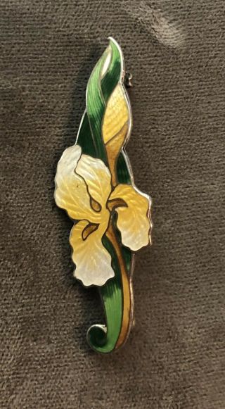 Vintage Art Nouveau Guilloche Enamel Sterling Silver Iris Flower Pin