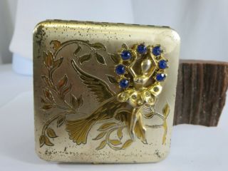 Vintage Dorset Blue Crystal Bird Wreath Gold Tone Compact Rp3