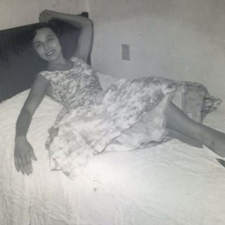 Vintage Black And White Photo Young Woman Laying In Bed Dress High Heels