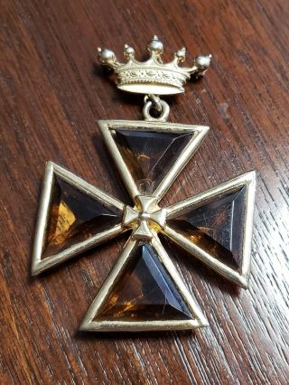 Vintage Signed Accessocraft Nyc Topaz Glass Maltese Cross Crown Dangle Pendant