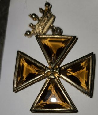 Vintage Signed Accessocraft NYC Topaz Glass Maltese Cross Crown Dangle Pendant 2