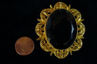 Vintage Goldtone Cut Glass Amber Color Oval Center Brooch Pin Pendant