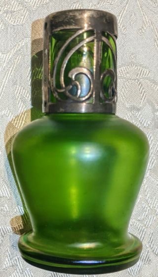 Antique Loetz Green Iridescent Glass Vase Art Nouveau Metal Overlay