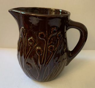 Vintage Arts And Crafts Stoneware Embossed Flower 4 3/4” Pitcher Brown Glaze