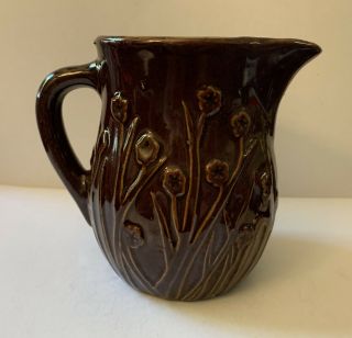 Vintage Arts And Crafts Stoneware Embossed Flower 4 3/4” Pitcher Brown Glaze 2