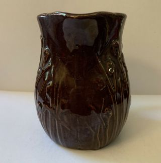 Vintage Arts And Crafts Stoneware Embossed Flower 4 3/4” Pitcher Brown Glaze 3