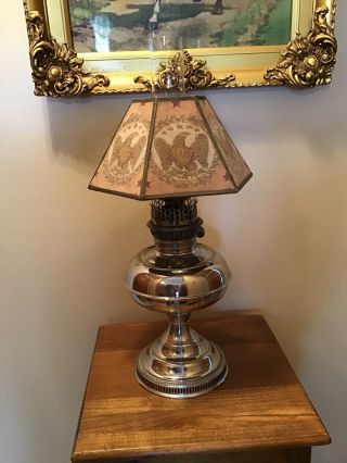 Antique Rayo Nickel Plated Oil Lamp With Cloth Eagle Shade 21”