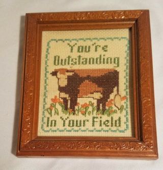 Framed Vintage Cross - Stitch,  5” X 6” Cow " You 