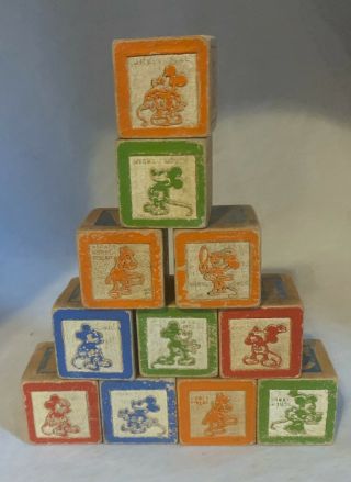 11 Vintage Disney Wooden Blocks Mickey Minnie Mouse Pluto Story Comic Toy 1.  25”