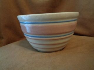 Vintage Stoneware Yellow Ware?? Pottery Bowl Pink Blue Stripes