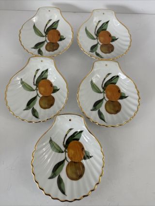 5 Vintage Royal Worcester Evesham Shell Shaped 52 Dipping Bowls With Gold Trim