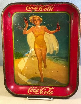 Vintage,  1937 Coca - Cola Serving Tray,  " Girl Running On Beach "