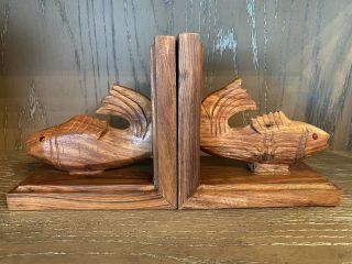 Pair Vintage Fish Bookends Hand Carved Wood Glass Eyes Jumping Fishing Office