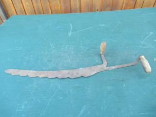 Antique Hay Knife Scythe Sickle 32 " Long Wooden Handle Saw